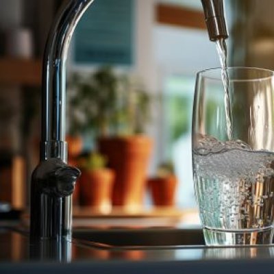 A household tap with running water.